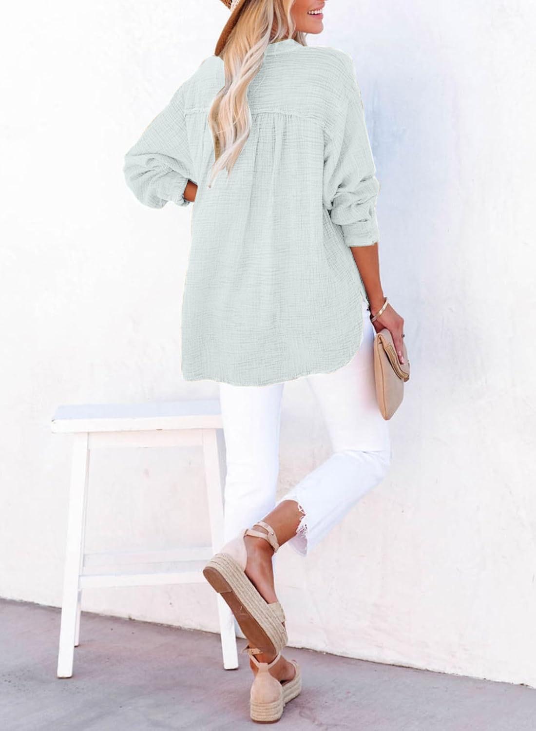 🍀Lässige Damen-Gaze-Blusen mit Knopfleiste und langen Ärmeln in Übergröße