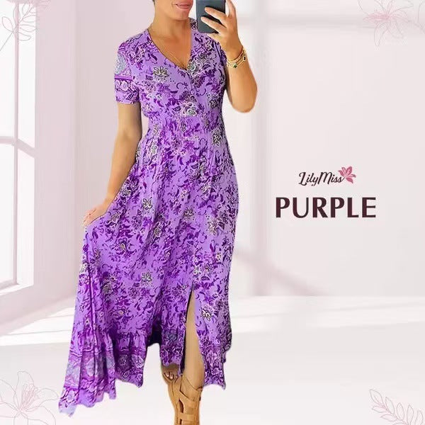 🌷Neuheiten im Frühjahr 2025 – 49% Rabatt🌷Kleid mit Blumendruck und V-Ausschnitt