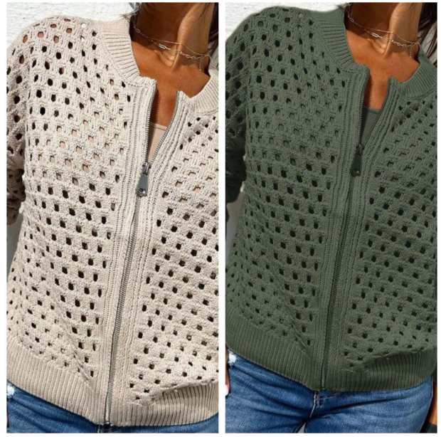 Lässige Damen Strickjacke mit Reißverschluss und hohlem Design