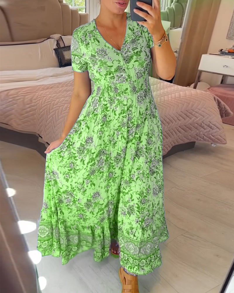 🌷Neuheiten im Frühjahr 2025 – 49% Rabatt🌷Kleid mit Blumendruck und V-Ausschnitt