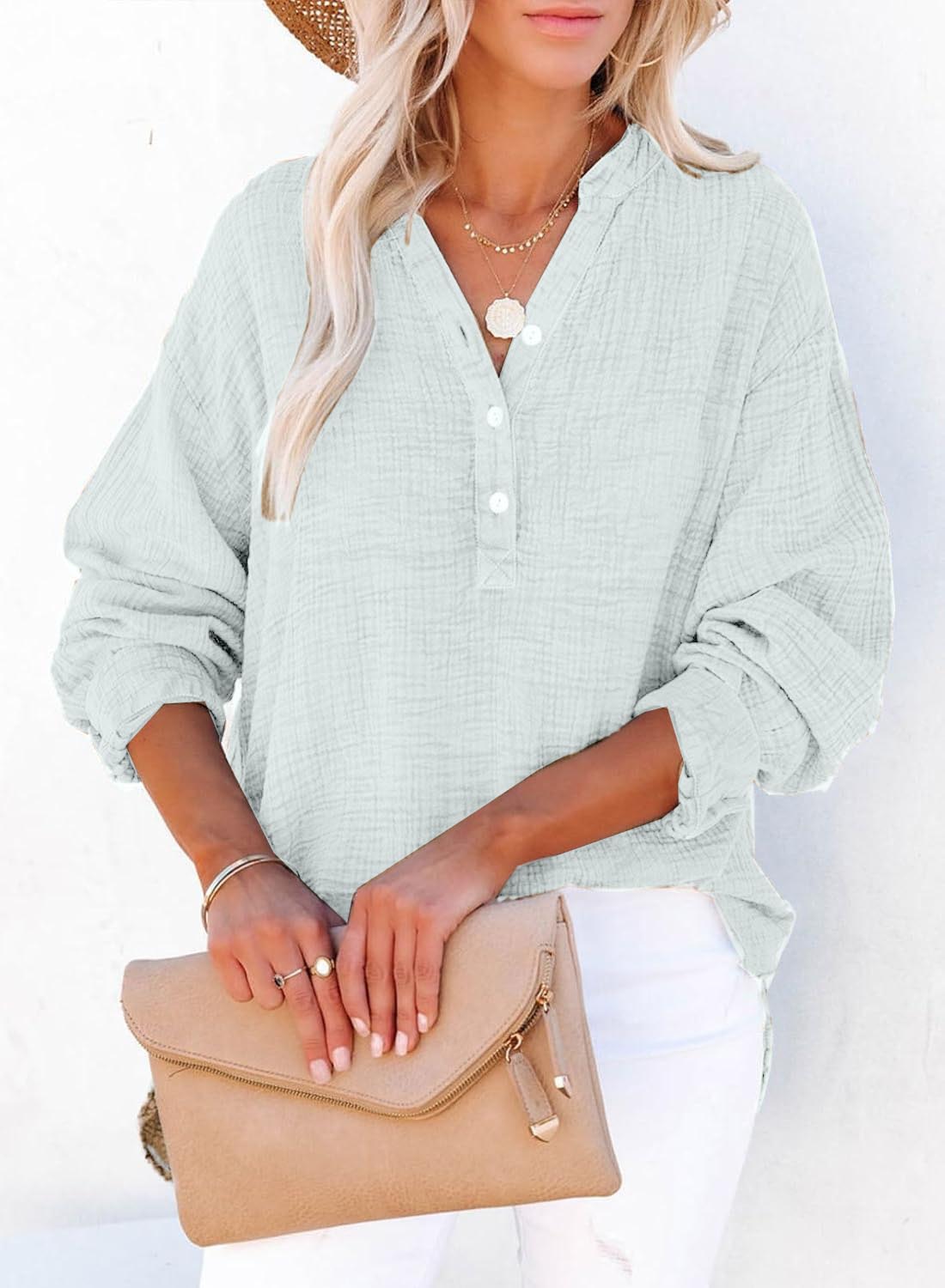 🍀Lässige Damen-Gaze-Blusen mit Knopfleiste und langen Ärmeln in Übergröße