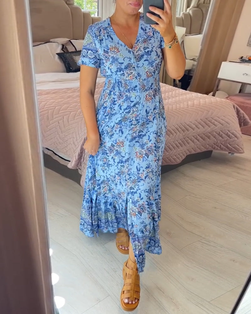 🌷Neuheiten im Frühjahr 2025 – 49% Rabatt🌷Kleid mit Blumendruck und V-Ausschnitt