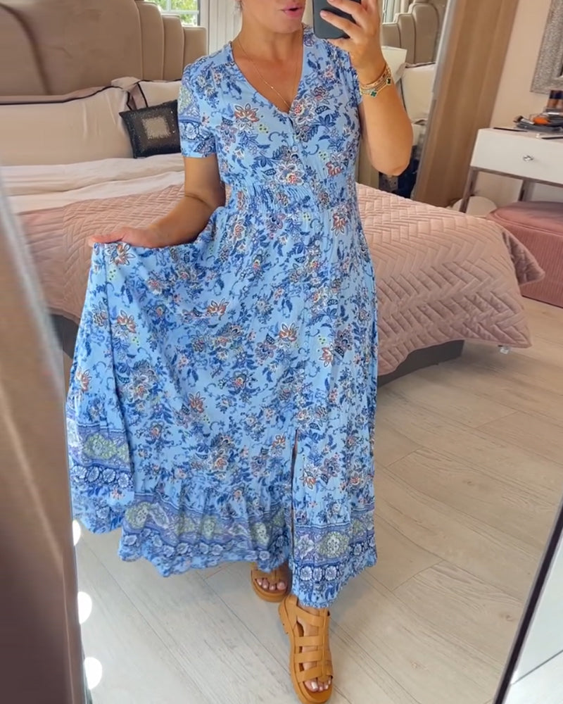🌷Neuheiten im Frühjahr 2025 – 49% Rabatt🌷Kleid mit Blumendruck und V-Ausschnitt