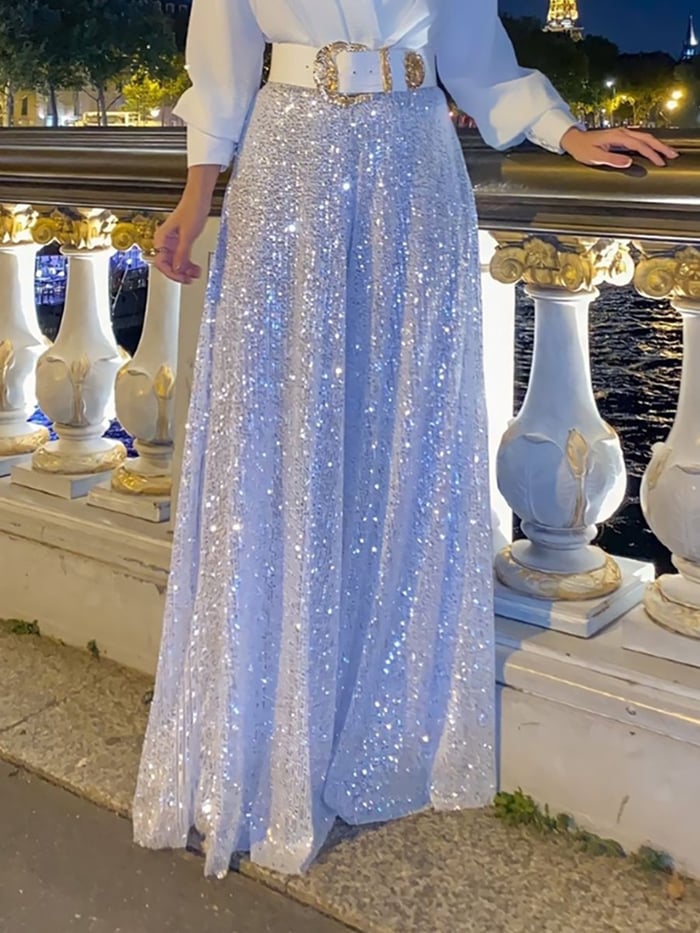 🔥 👠Elegantes Langarmshirt mit V-Ausschnitt + Hose mit weitem Bein und Pailletten (🔥mit Gürtel)