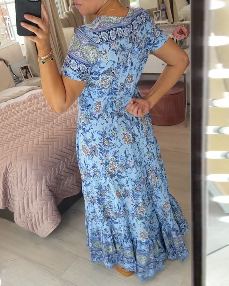 🌷Neuheiten im Frühjahr 2025 – 49% Rabatt🌷Kleid mit Blumendruck und V-Ausschnitt