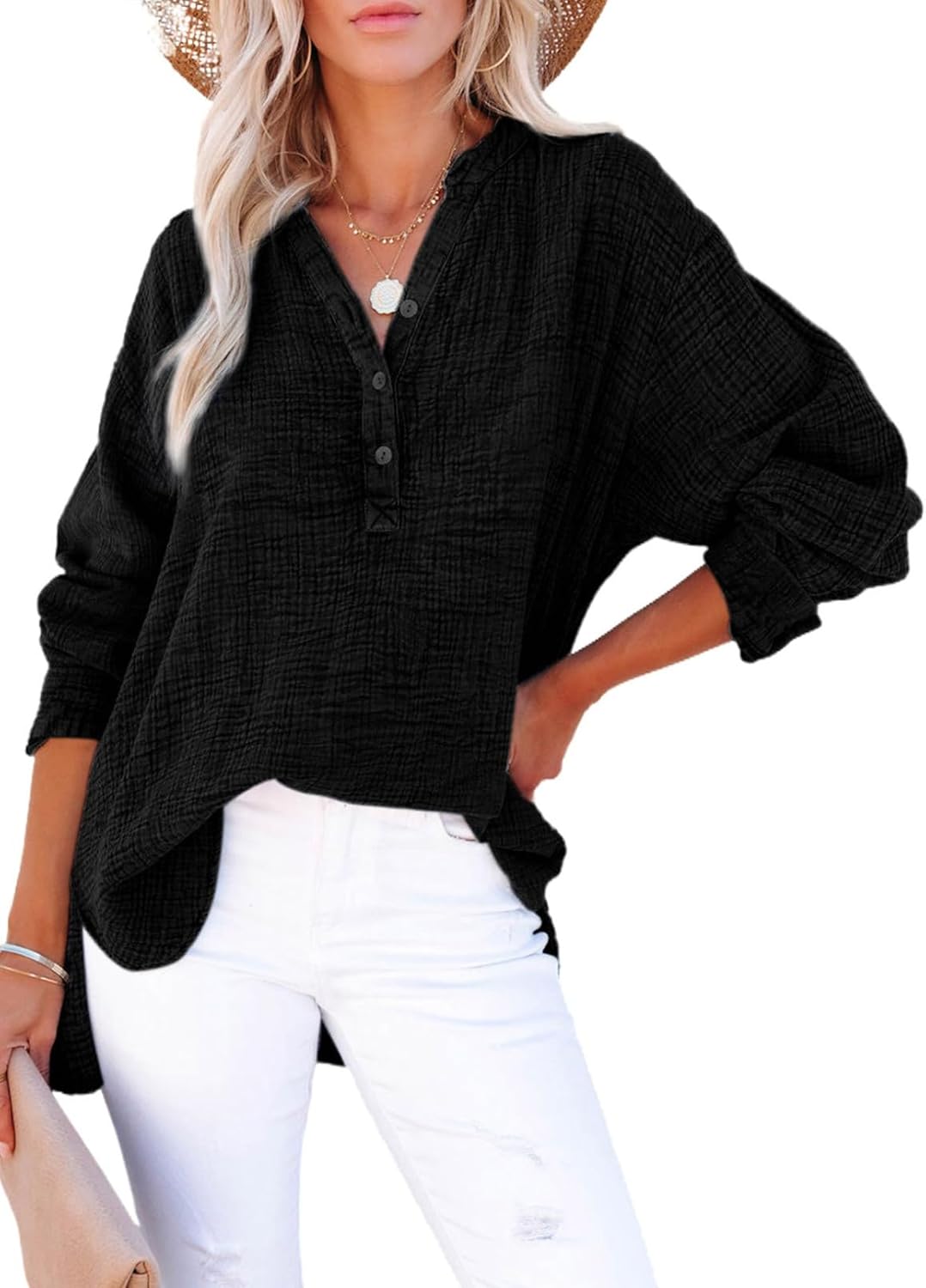 🍀Lässige Damen-Gaze-Blusen mit Knopfleiste und langen Ärmeln in Übergröße