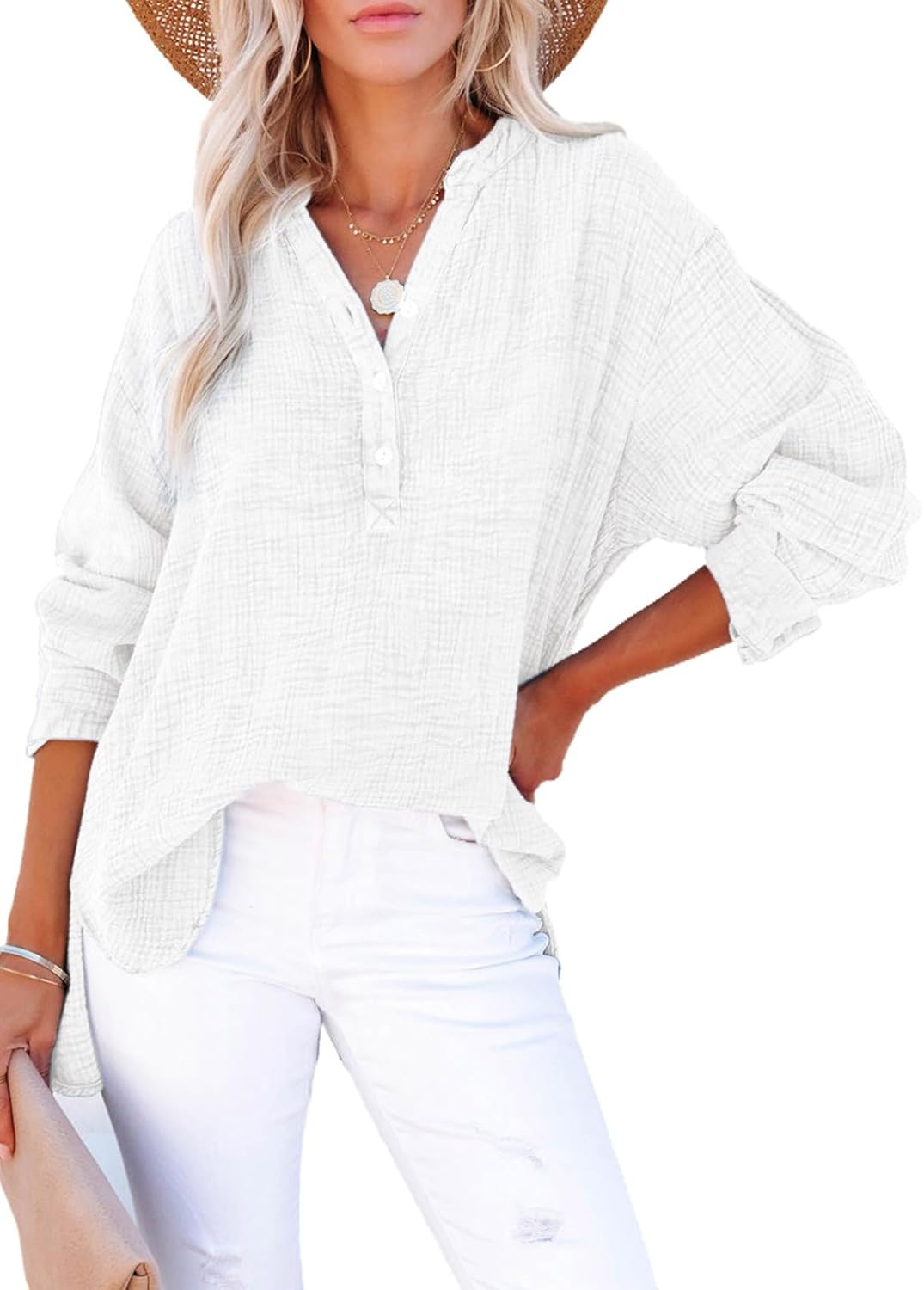 🍀Lässige Damen-Gaze-Blusen mit Knopfleiste und langen Ärmeln in Übergröße