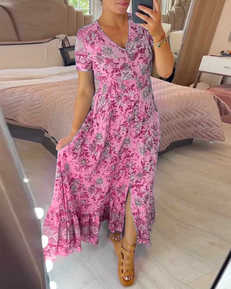 🌷Neuheiten im Frühjahr 2025 – 49% Rabatt🌷Kleid mit Blumendruck und V-Ausschnitt