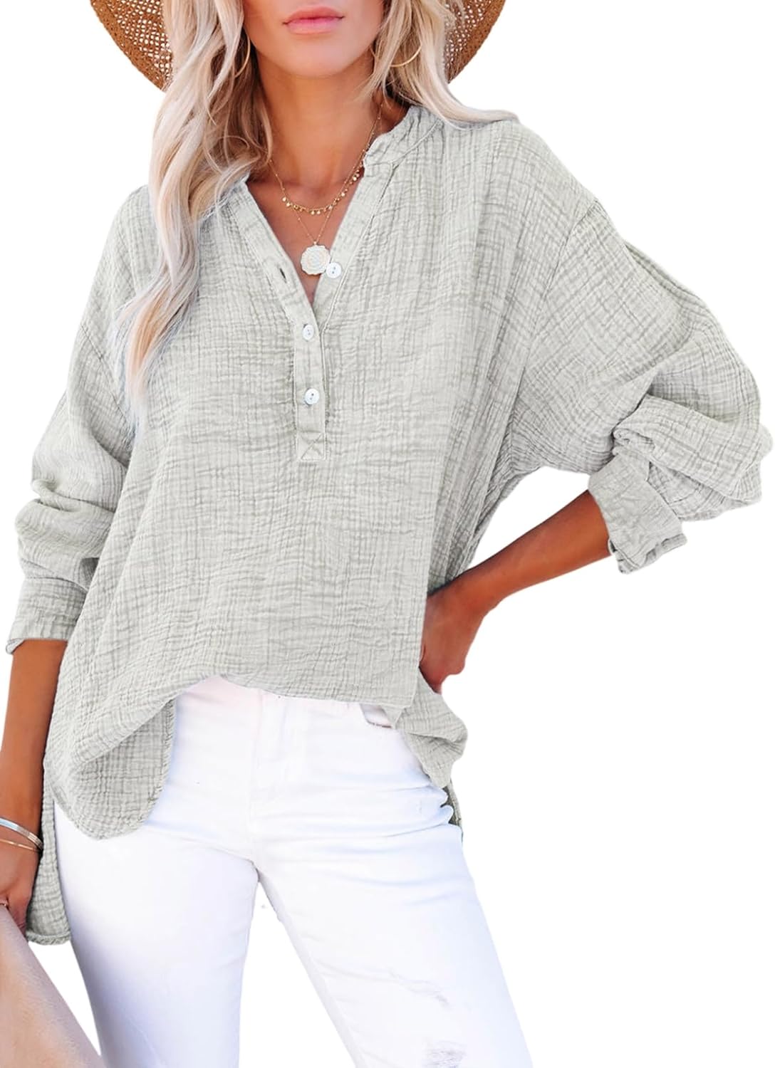 🍀Lässige Damen-Gaze-Blusen mit Knopfleiste und langen Ärmeln in Übergröße