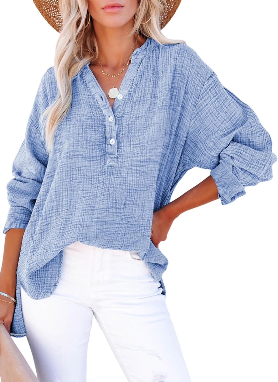 🍀Lässige Damen-Gaze-Blusen mit Knopfleiste und langen Ärmeln in Übergröße