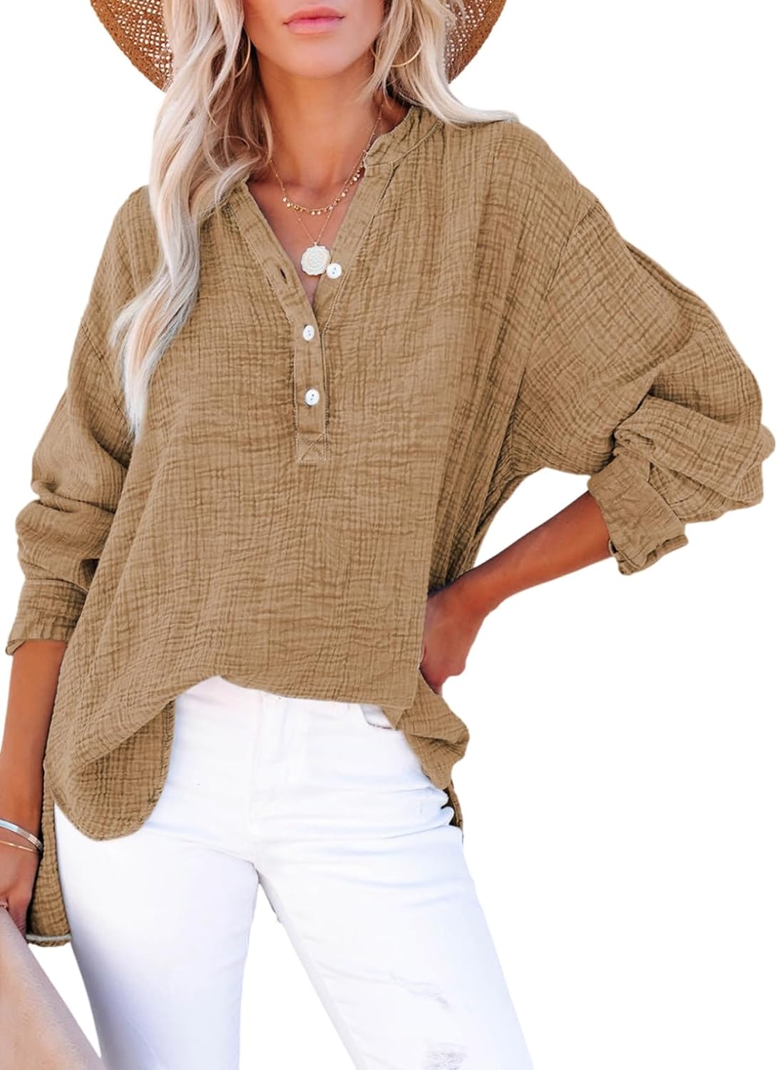 🍀Lässige Damen-Gaze-Blusen mit Knopfleiste und langen Ärmeln in Übergröße