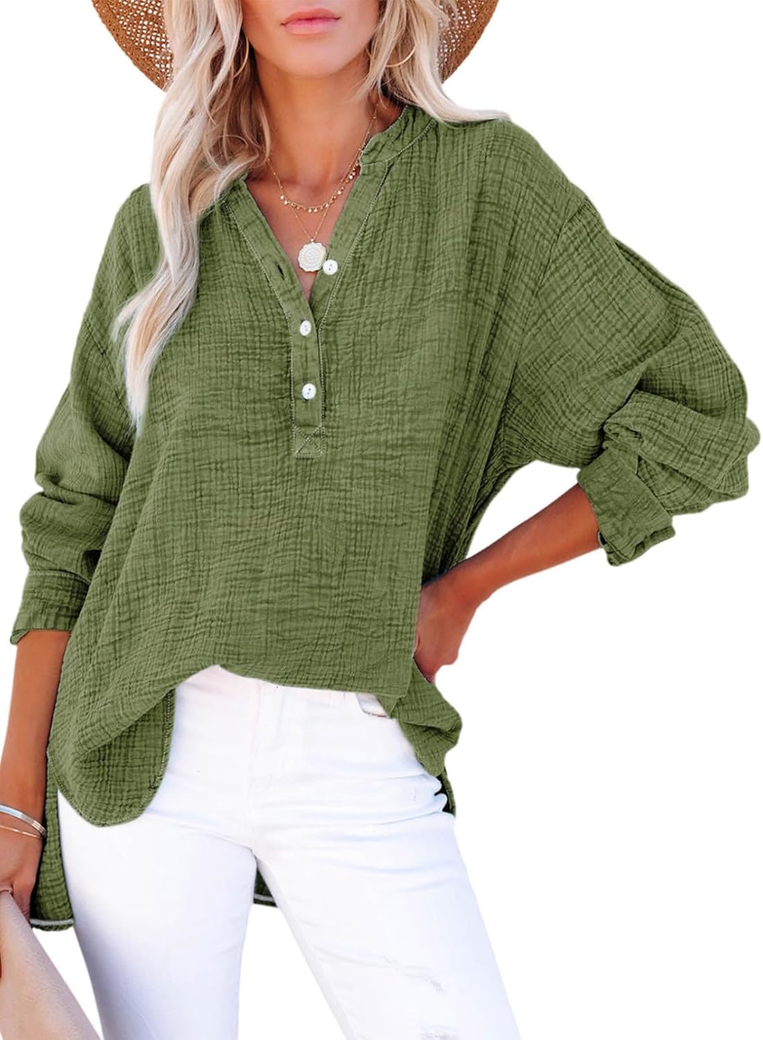 🍀Lässige Damen-Gaze-Blusen mit Knopfleiste und langen Ärmeln in Übergröße