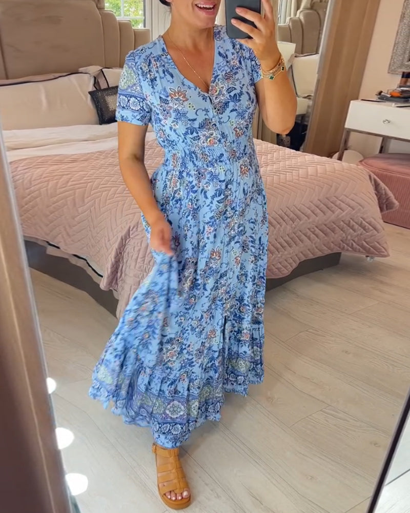 🌷Neuheiten im Frühjahr 2025 – 49% Rabatt🌷Kleid mit Blumendruck und V-Ausschnitt