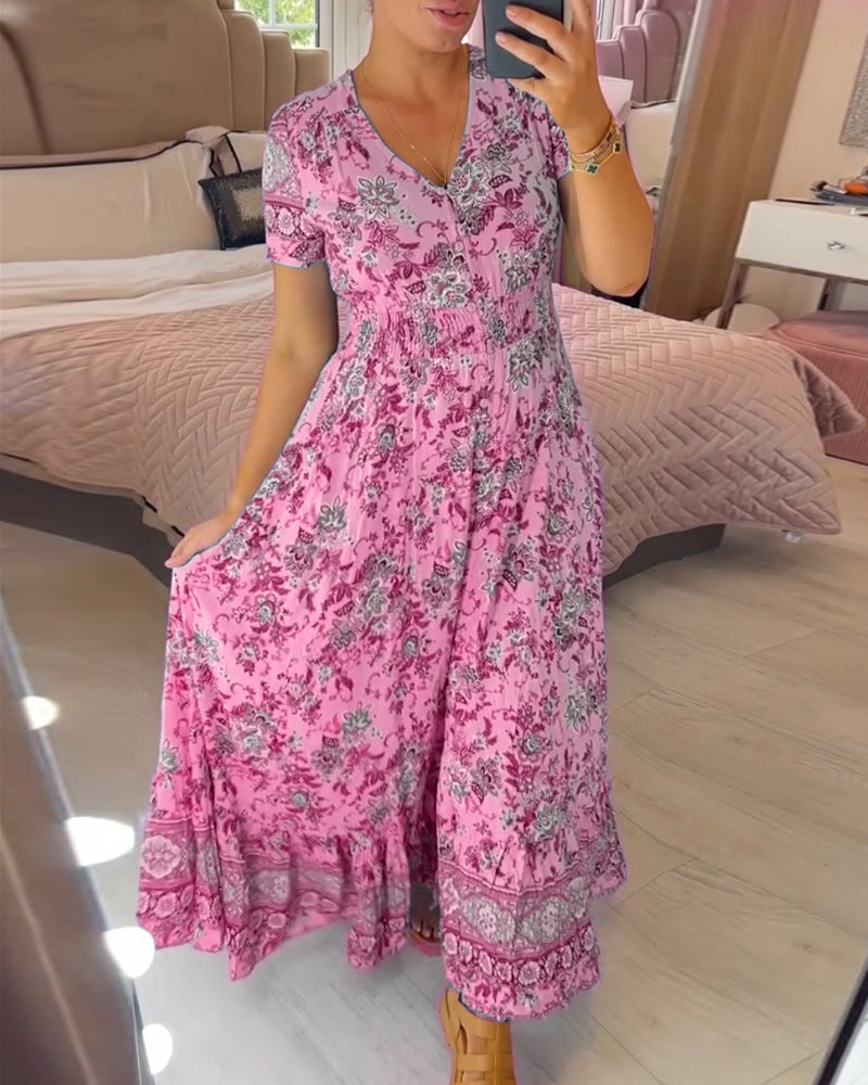 🌷Neuheiten im Frühjahr 2025 – 49% Rabatt🌷Kleid mit Blumendruck und V-Ausschnitt