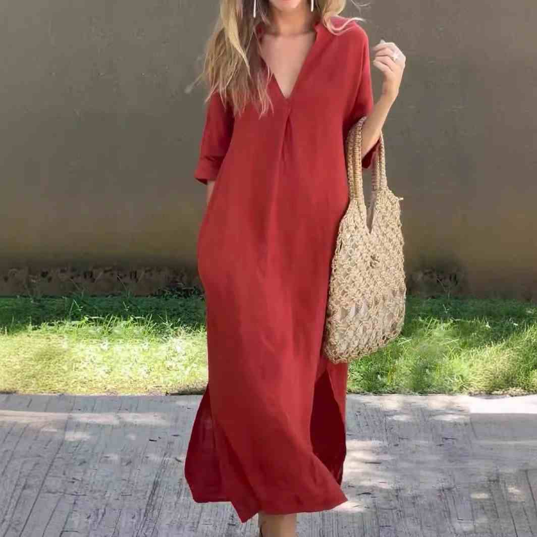 V-neck cotton and linen slim dress