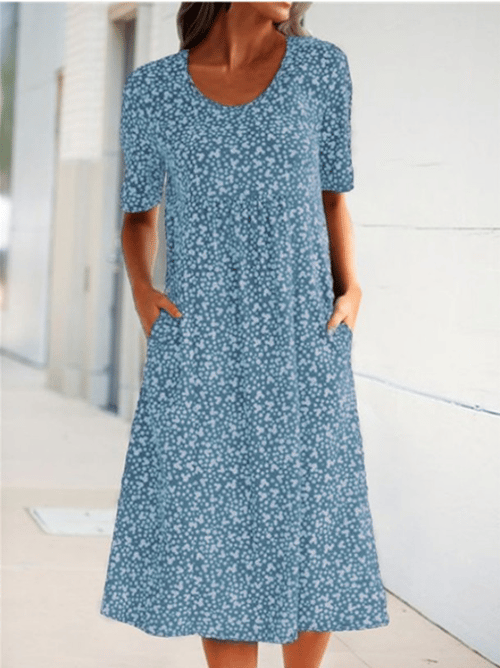 Lässiges Baumwollkleid mit U-Ausschnitt und Blumenmuster für Damen (8 Farben mit Taschen)