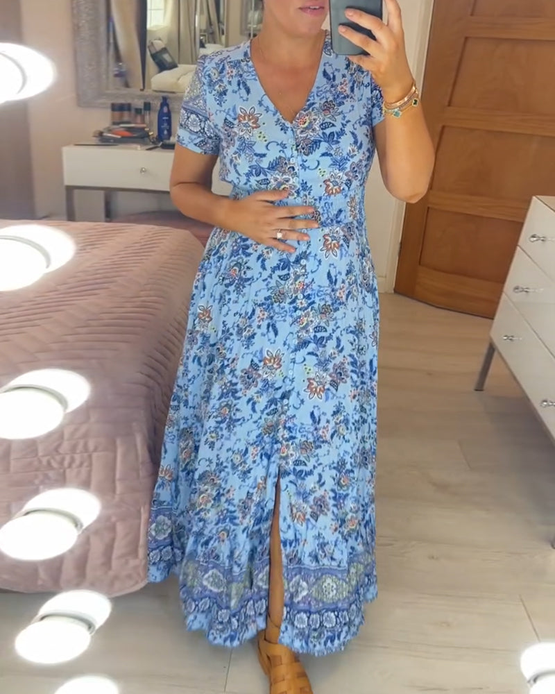 🌷Neuheiten im Frühjahr 2025 – 49% Rabatt🌷Kleid mit Blumendruck und V-Ausschnitt