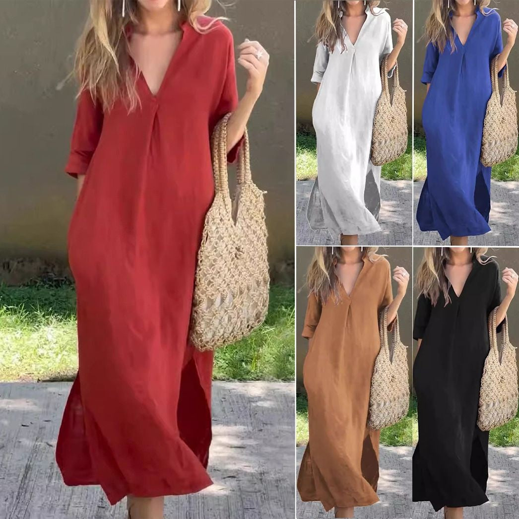 V-neck cotton and linen slim dress