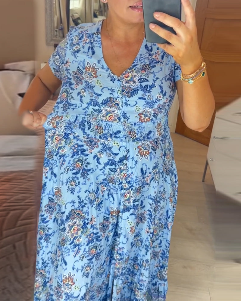 🌷Neuheiten im Frühjahr 2025 – 49% Rabatt🌷Kleid mit Blumendruck und V-Ausschnitt