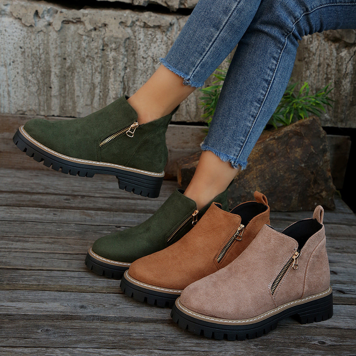 Damen-Stiefeletten mit runder Spitze und seitlichem Reißverschluss