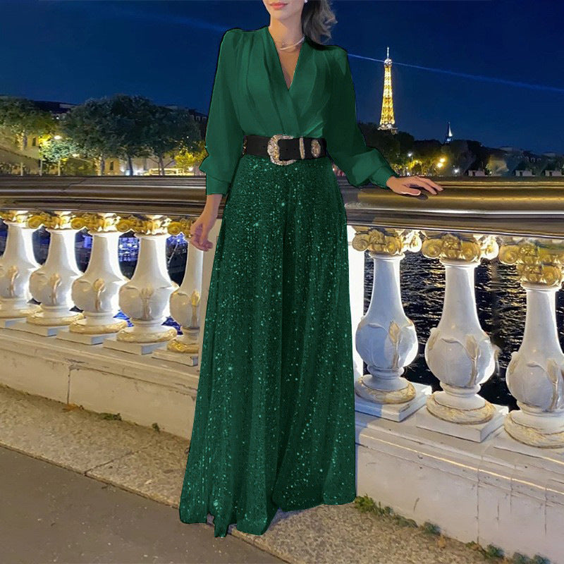🔥 👠Elegantes Langarmshirt mit V-Ausschnitt + Hose mit weitem Bein und Pailletten (🔥mit Gürtel)