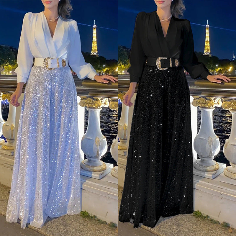 🔥 👠Elegantes Langarmshirt mit V-Ausschnitt + Hose mit weitem Bein und Pailletten (🔥mit Gürtel)