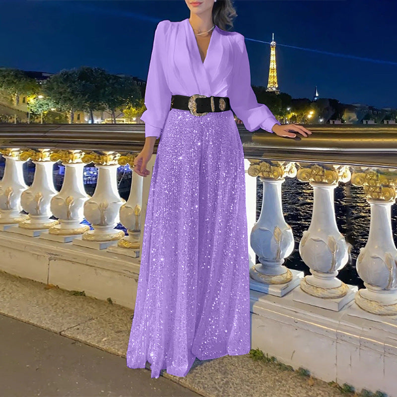 🔥 👠Elegantes Langarmshirt mit V-Ausschnitt + Hose mit weitem Bein und Pailletten (🔥mit Gürtel)
