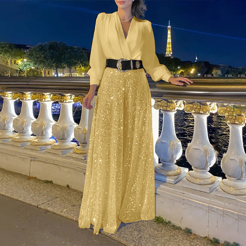 🔥 👠Elegantes Langarmshirt mit V-Ausschnitt + Hose mit weitem Bein und Pailletten (🔥mit Gürtel)