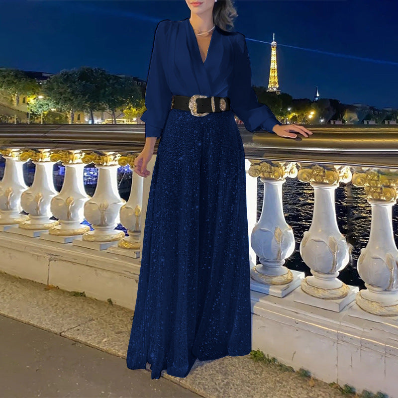 🔥 👠Elegantes Langarmshirt mit V-Ausschnitt + Hose mit weitem Bein und Pailletten (🔥mit Gürtel)