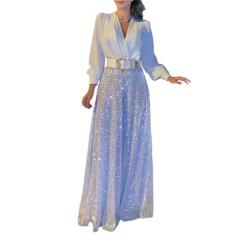 🔥 👠Elegantes Langarmshirt mit V-Ausschnitt + Hose mit weitem Bein und Pailletten (🔥mit Gürtel)