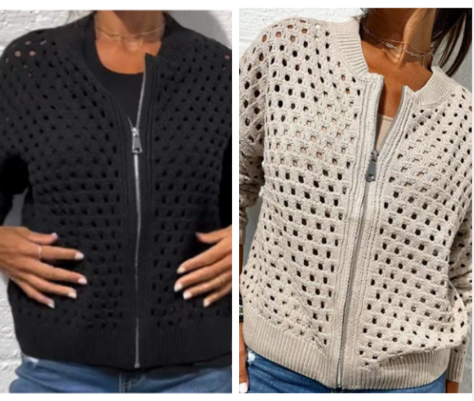 Lässige Damen Strickjacke mit Reißverschluss und hohlem Design