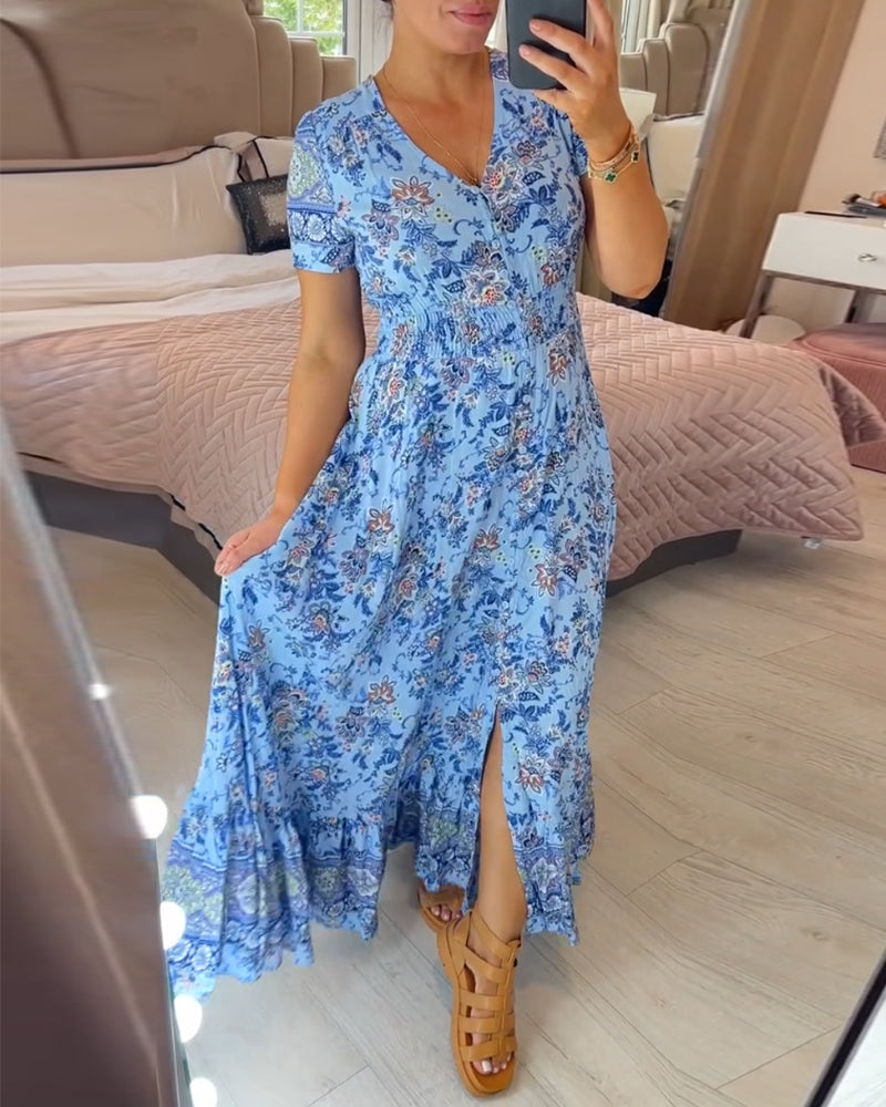 🌷Neuheiten im Frühjahr 2025 – 49% Rabatt🌷Kleid mit Blumendruck und V-Ausschnitt