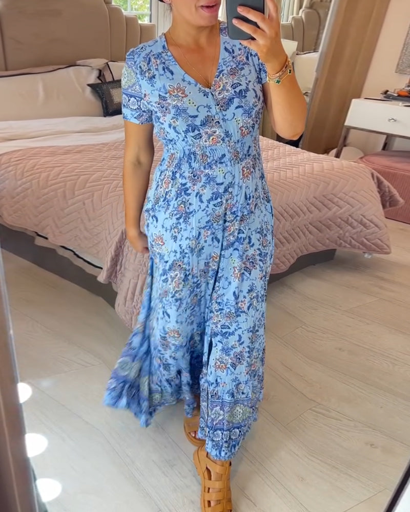 🌷Neuheiten im Frühjahr 2025 – 49% Rabatt🌷Kleid mit Blumendruck und V-Ausschnitt