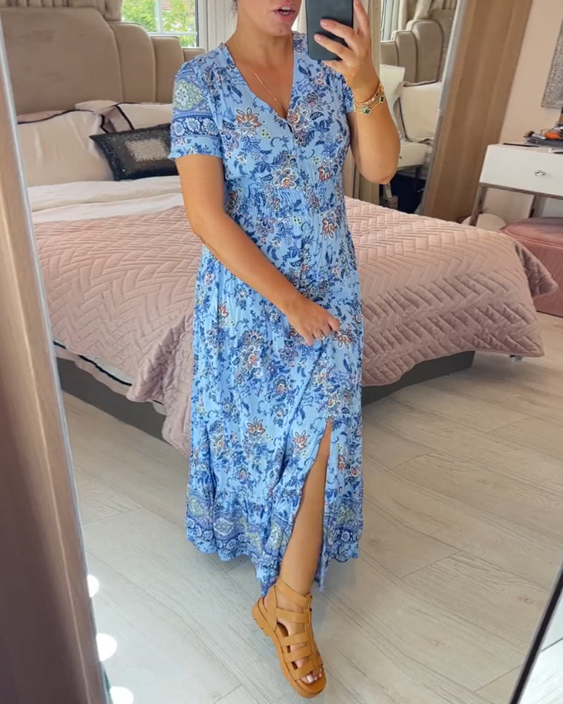 🌷Neuheiten im Frühjahr 2025 – 49% Rabatt🌷Kleid mit Blumendruck und V-Ausschnitt