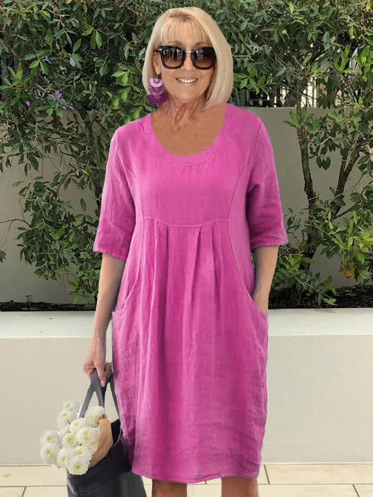 Unifarbenes Tunika-Midikleid aus Baumwolle und Leinen mit Taschen
