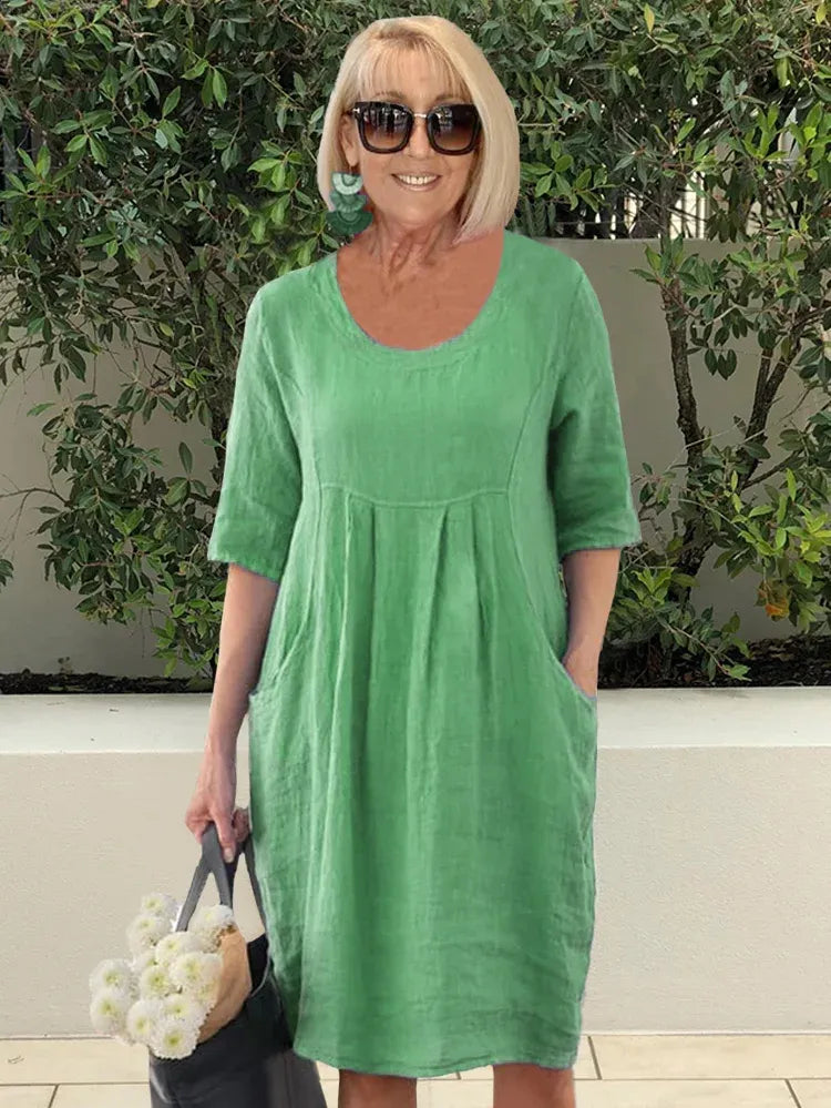 Unifarbenes Tunika-Midikleid aus Baumwolle und Leinen mit Taschen