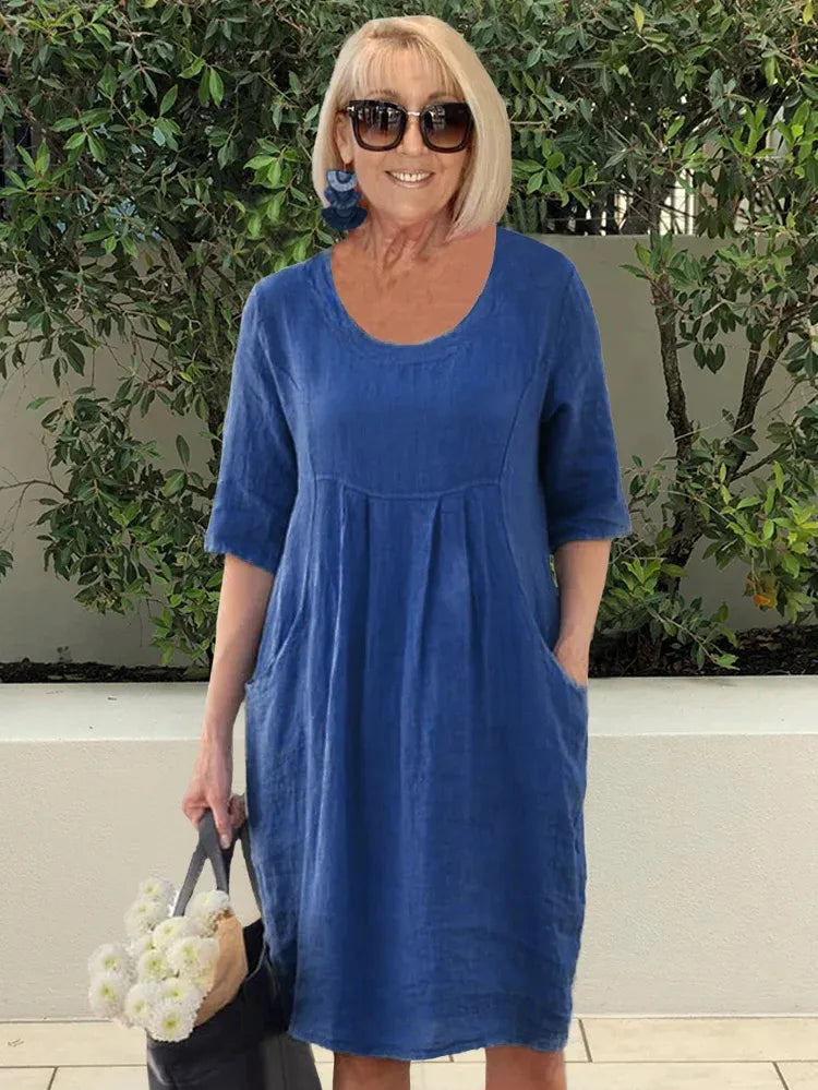 Unifarbenes Tunika-Midikleid aus Baumwolle und Leinen mit Taschen