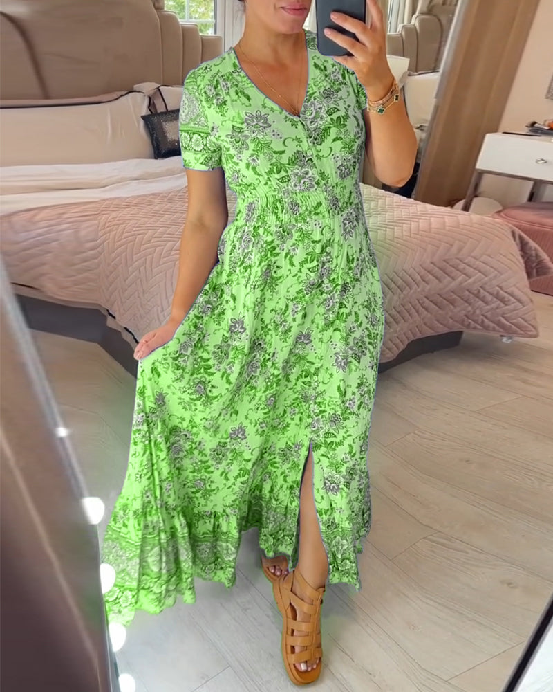 🌷Neuheiten im Frühjahr 2025 – 49% Rabatt🌷Kleid mit Blumendruck und V-Ausschnitt
