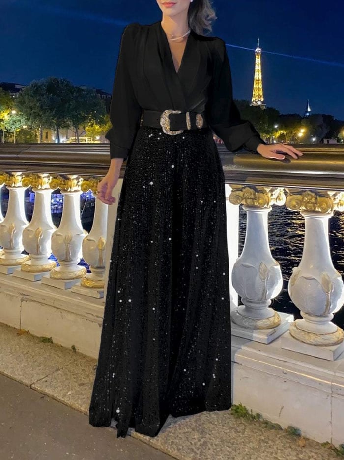 🔥 👠Elegantes Langarmshirt mit V-Ausschnitt + Hose mit weitem Bein und Pailletten (🔥mit Gürtel)