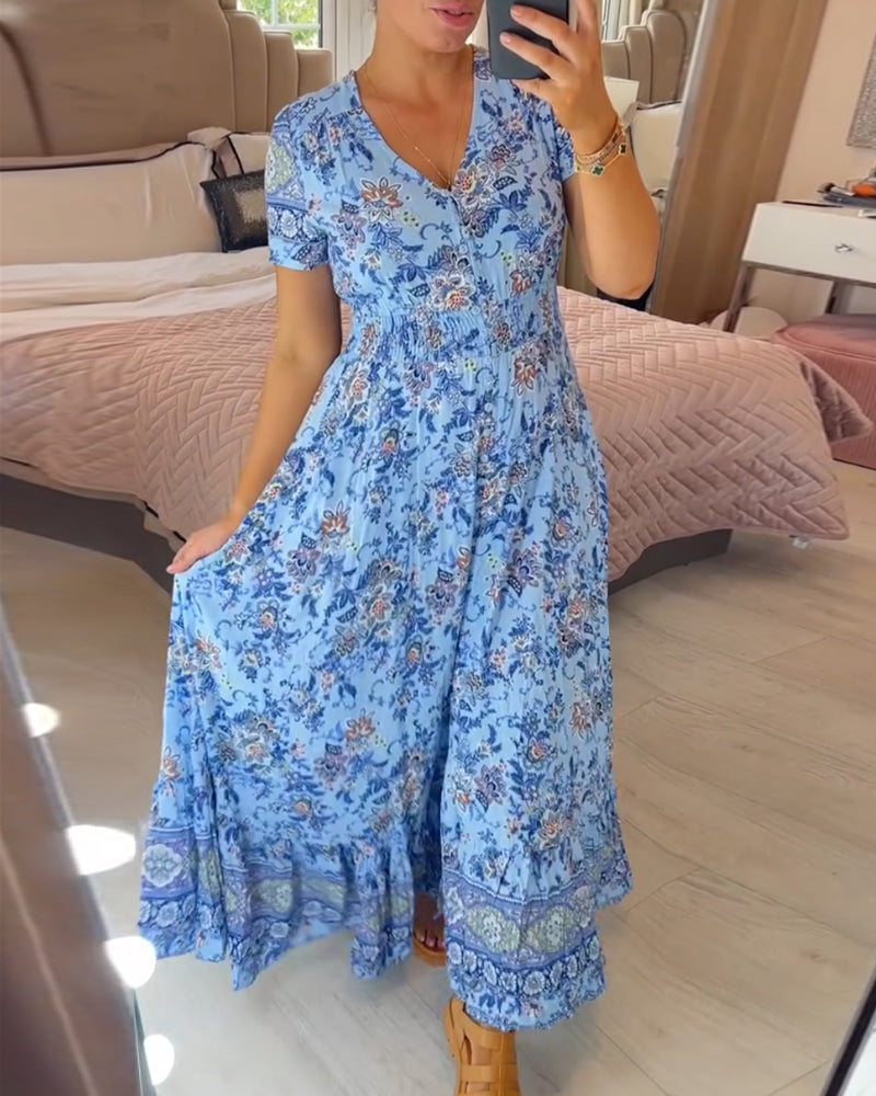🌷Neuheiten im Frühjahr 2025 – 49% Rabatt🌷Kleid mit Blumendruck und V-Ausschnitt