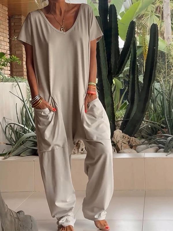 🔥49% RABATT🔥 Lässiger einfarbiger Jumpsuit mit V-Ausschnitt
