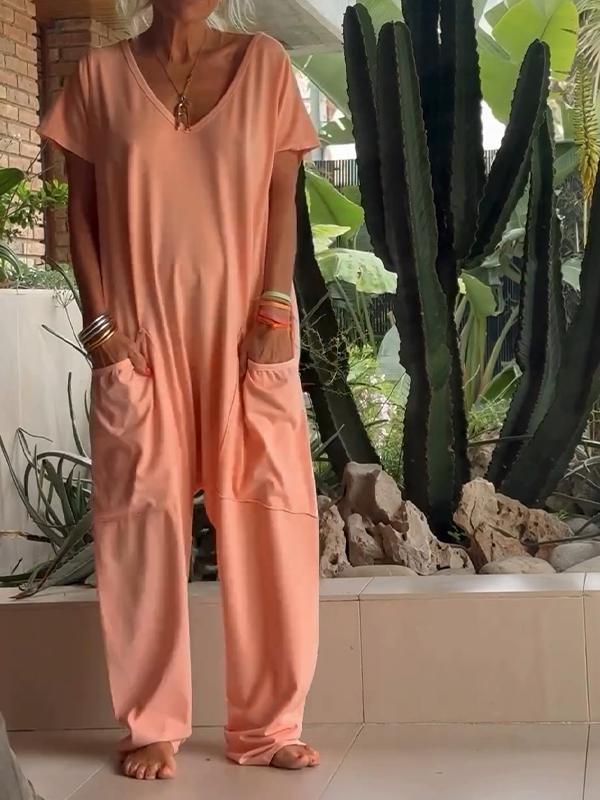 🔥49% RABATT🔥 Lässiger einfarbiger Jumpsuit mit V-Ausschnitt