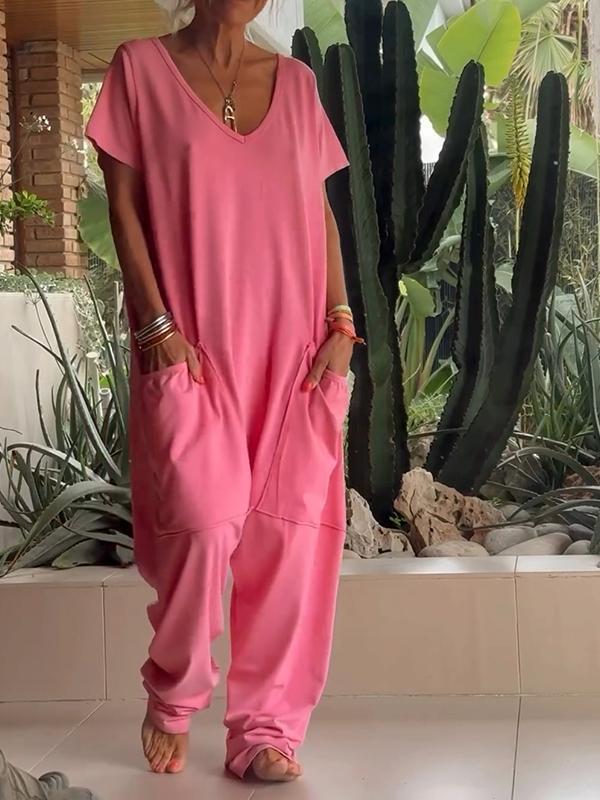 🔥49% RABATT🔥 Lässiger einfarbiger Jumpsuit mit V-Ausschnitt