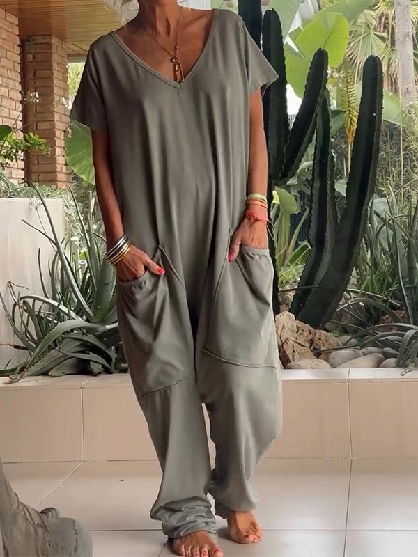 🔥49% RABATT🔥 Lässiger einfarbiger Jumpsuit mit V-Ausschnitt