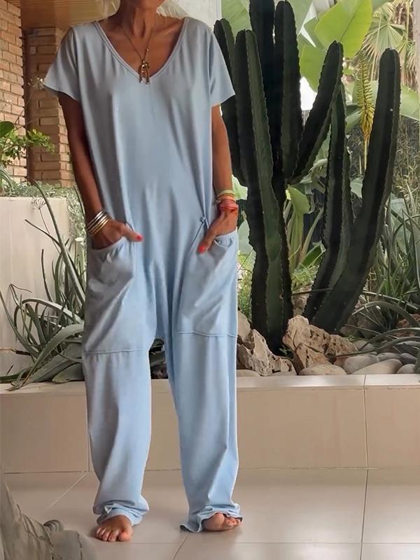 🔥49% RABATT🔥 Lässiger einfarbiger Jumpsuit mit V-Ausschnitt