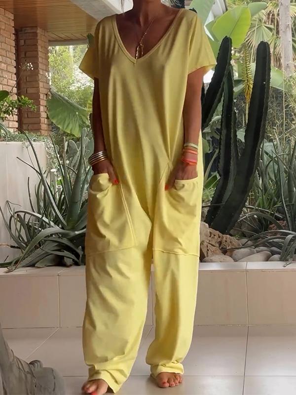 🔥49% RABATT🔥 Lässiger einfarbiger Jumpsuit mit V-Ausschnitt