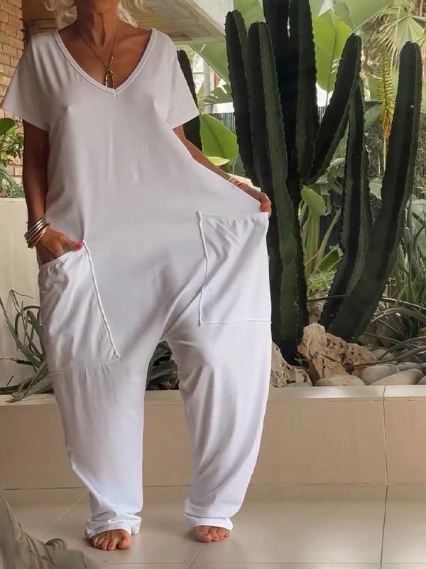 🔥49% RABATT🔥 Lässiger einfarbiger Jumpsuit mit V-Ausschnitt