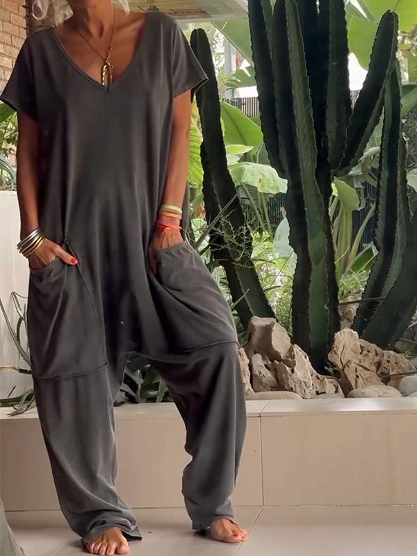 🔥49% RABATT🔥 Lässiger einfarbiger Jumpsuit mit V-Ausschnitt