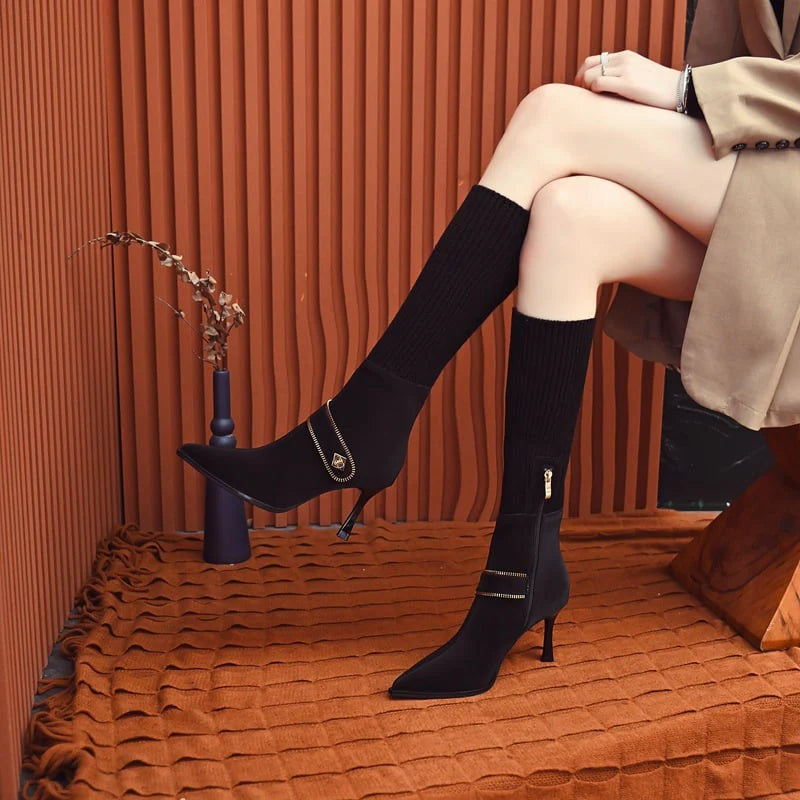 ✨🎅Weihnachtsverkauf 50% RABATT🔥🎁Bestes Geschenk für Sie - Modische Stretch-Strick-Stiefel mit hohem Blockabsatz für Frauen