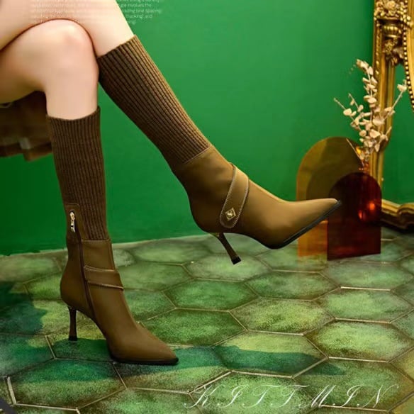 ✨🎅Weihnachtsverkauf 50% RABATT🔥🎁Bestes Geschenk für Sie - Modische Stretch-Strick-Stiefel mit hohem Blockabsatz für Frauen